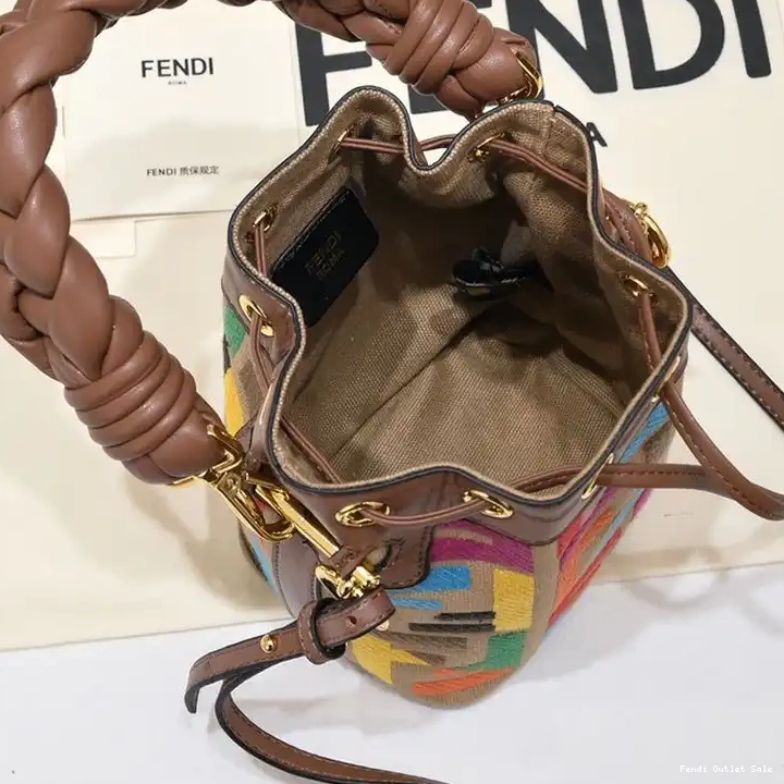 Affordable Brown In with Fendi Handle Canvas Tresor FF Mini Bucket Woven Bag Mon Motif 0506